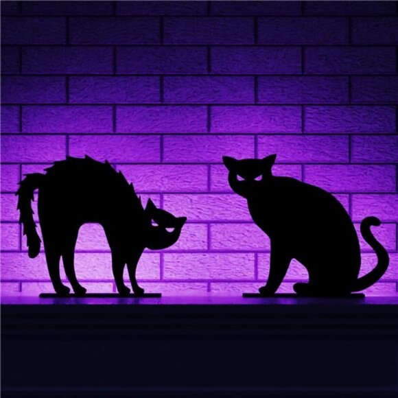 2PCS Wooden Black Cat Tabletop Decoration Sign with Lights for Halloween - Picture 1 of 7
